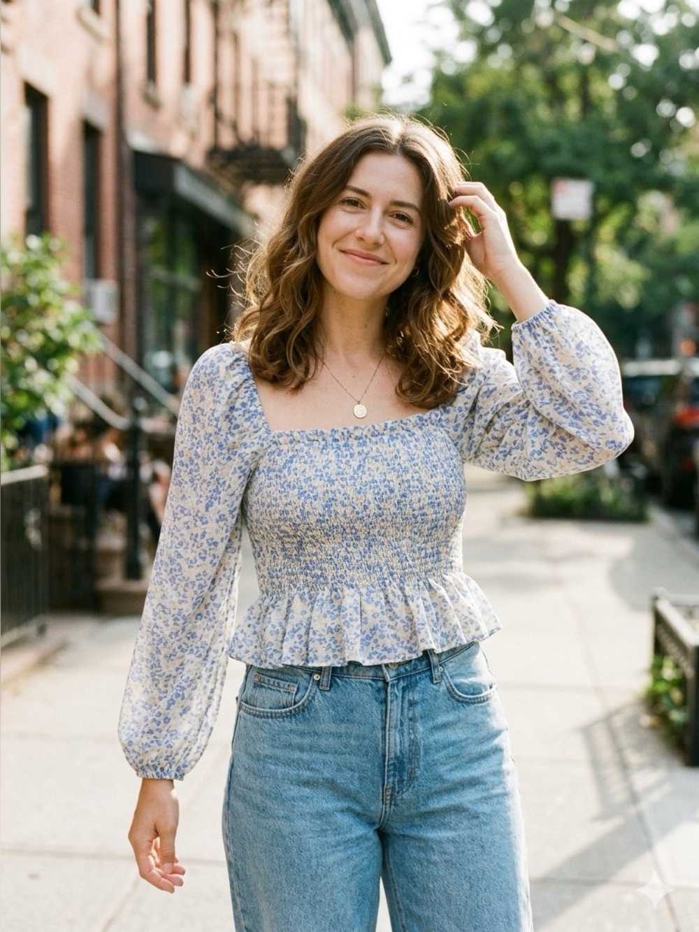 En Saison Blue and Cream Floral Smocked Crop Top
